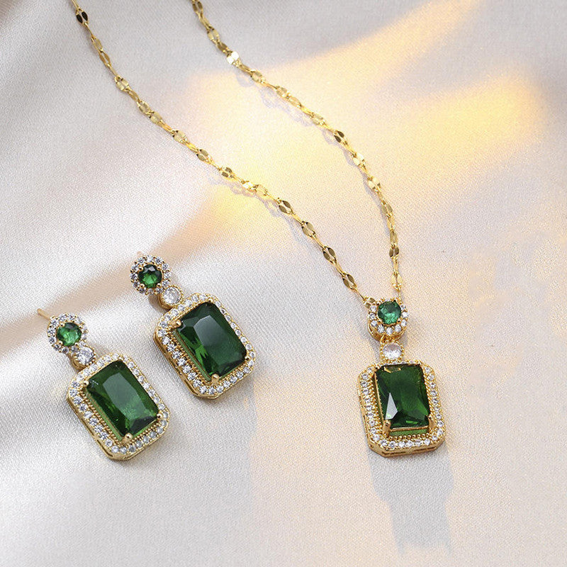 Jewels Galaxy Gold Plated Elegant Emerald Geometric Pendant Set