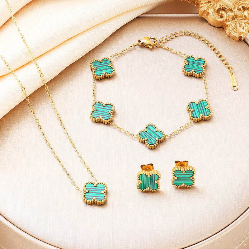 Jewels Galaxy Stainless Steel Gold Plated Set Of Green Anti Tarnish Clover Jewellery Set