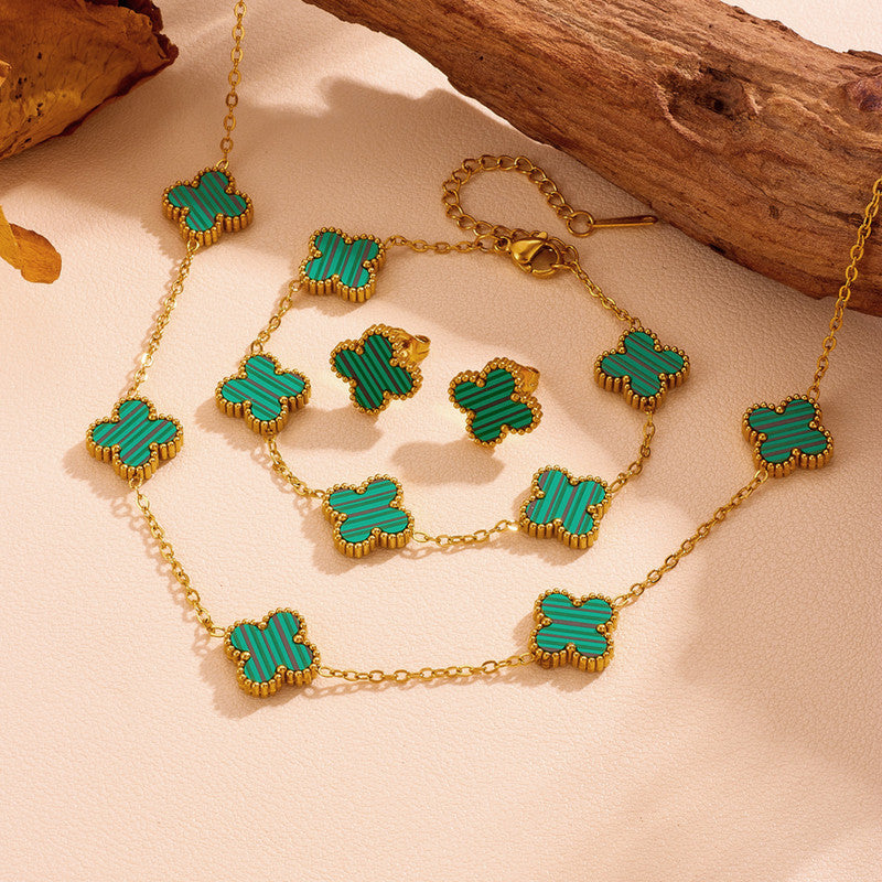 Jewels Galaxy Stainless Steel Gold Plated Set Of Green Anti Tarnish Clover Jewellery Set