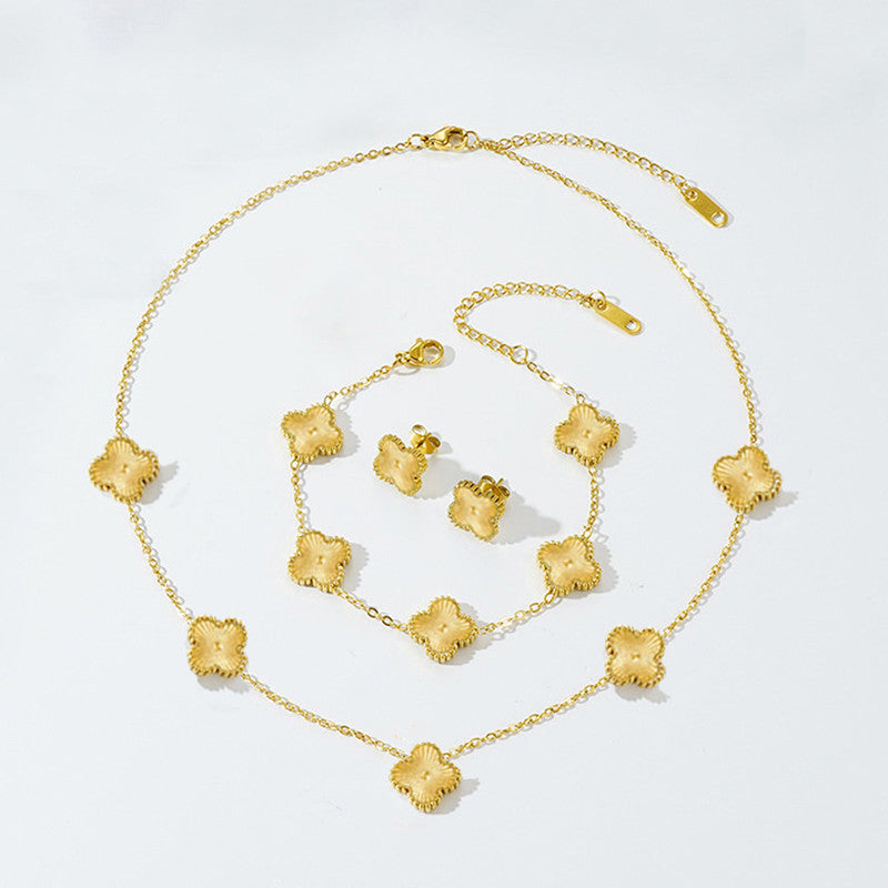 Jewels Galaxy Stainless Steel Gold Plated Set Of Gold Anti Tarnish Clover Jewellery Set