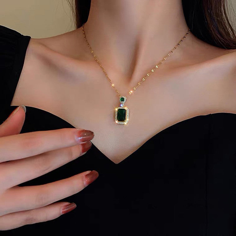 Jewels Galaxy Gold Plated Green CZ Stone Roman Numerals Pendant Necklace