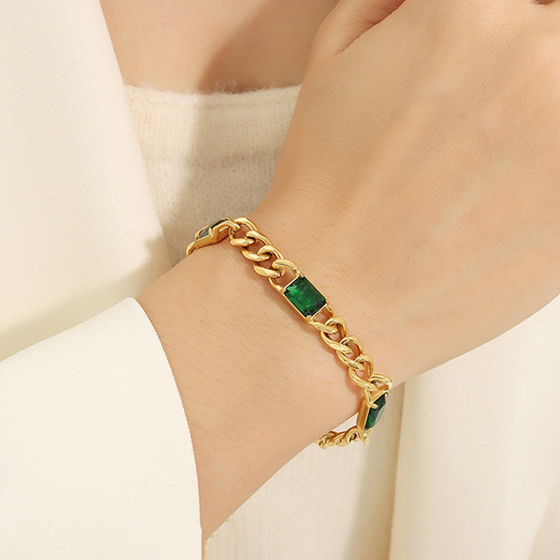 Jewels Galaxy Gold Plated Stainless Steel Anti Tarnish Green Crystals Cuban Wraparound Bracelet