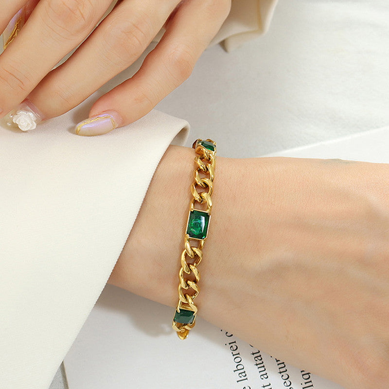 Jewels Galaxy Gold Plated Stainless Steel Anti Tarnish Green Crystals Cuban Wraparound Bracelet
