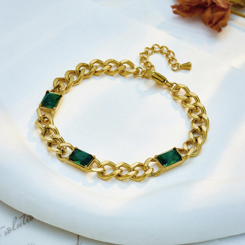 Jewels Galaxy Gold Plated Stainless Steel Anti Tarnish Green Crystals Cuban Wraparound Bracelet