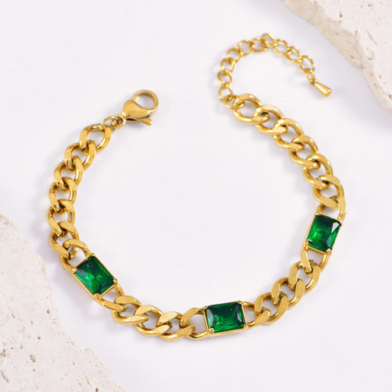 Jewels Galaxy Gold Plated Stainless Steel Anti Tarnish Green Crystals Cuban Wraparound Bracelet