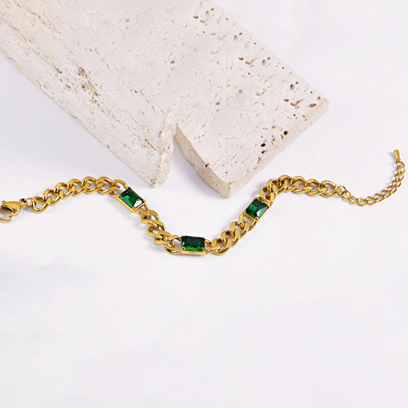 Jewels Galaxy Gold Plated Stainless Steel Anti Tarnish Green Crystals Cuban Wraparound Bracelet