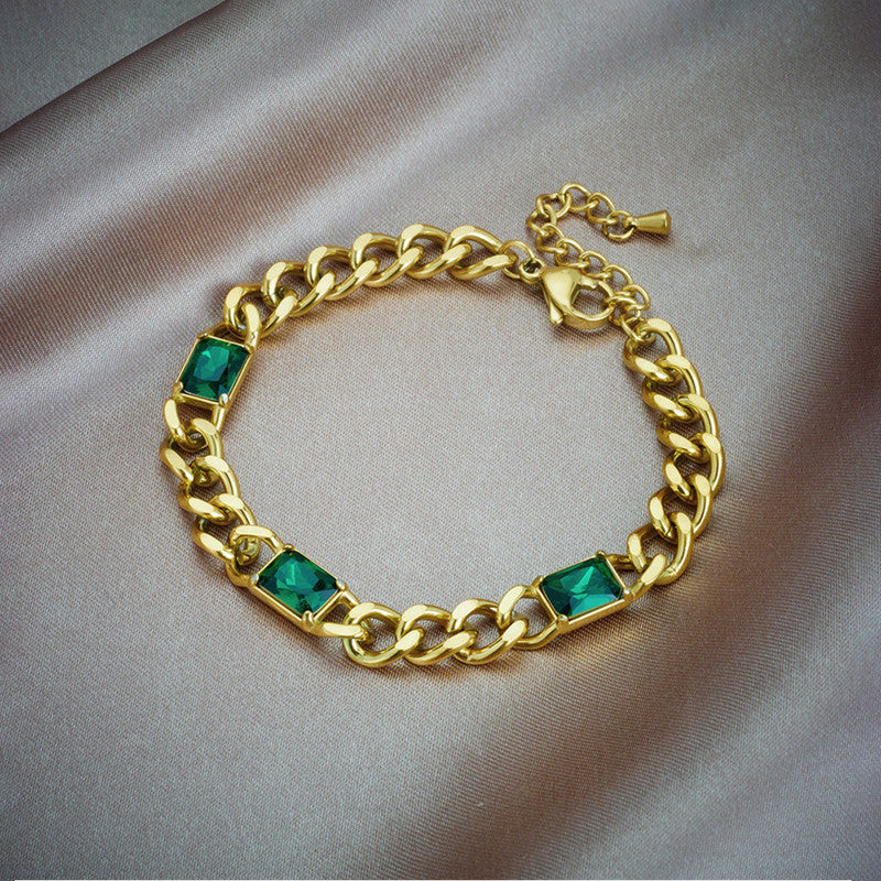 Jewels Galaxy Gold Plated Stainless Steel Anti Tarnish Green Crystals Cuban Wraparound Bracelet