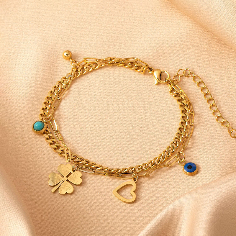 Jewels Galaxy Gold Plated Stainless Steel Anti Tarnish Clover themed Evil Eye Wraparound Bracelet