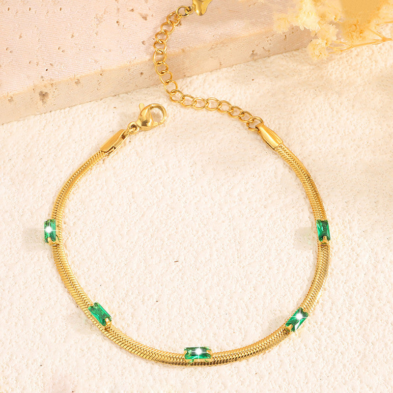 Jewels Galaxy Gold Plated Stainless Steel Anti Tarnish Snake Chain Green Emerald Studded Bracelet