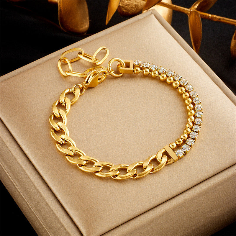 Jewels Galaxy Gold Plated Stainless Steel Anti Tarnish Stone Studded Miami Cuban Link Bracelet