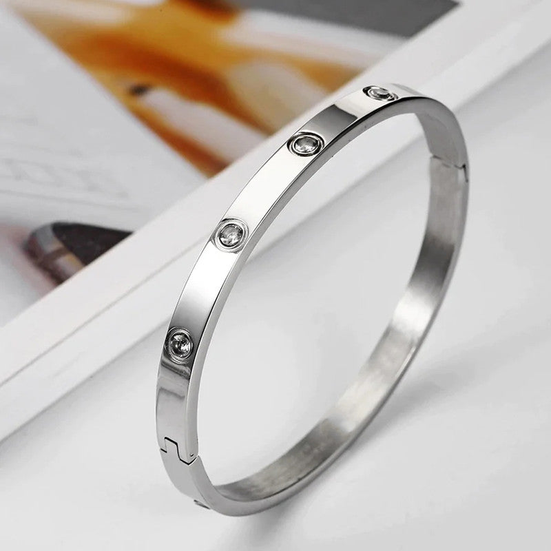 Jewels Galaxy Stainless Steel Contemporary Silver Plated Love AD Anti-Tarnish Bracelet For Women