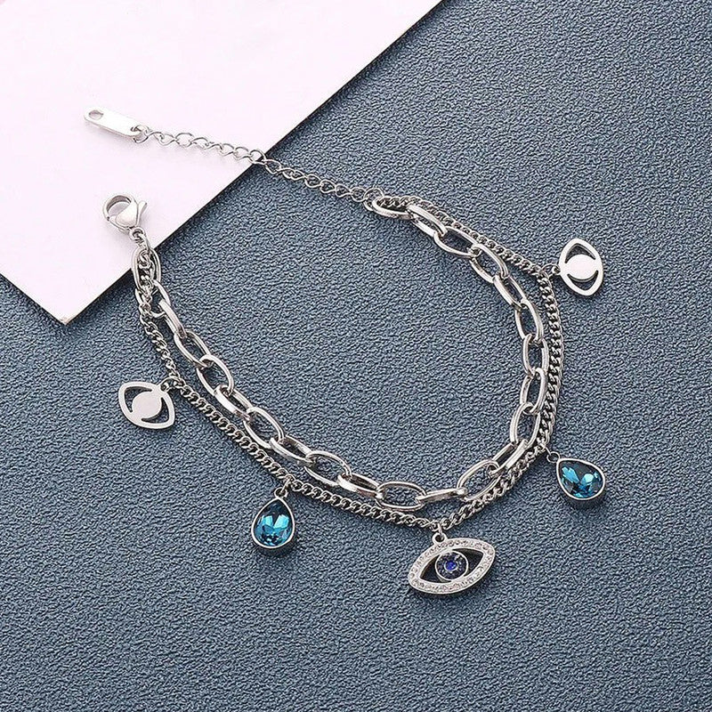 Jewels Galaxy Stainless Steel Anti Tarnish Crystal Studded Evil Eye Bracelet For Women