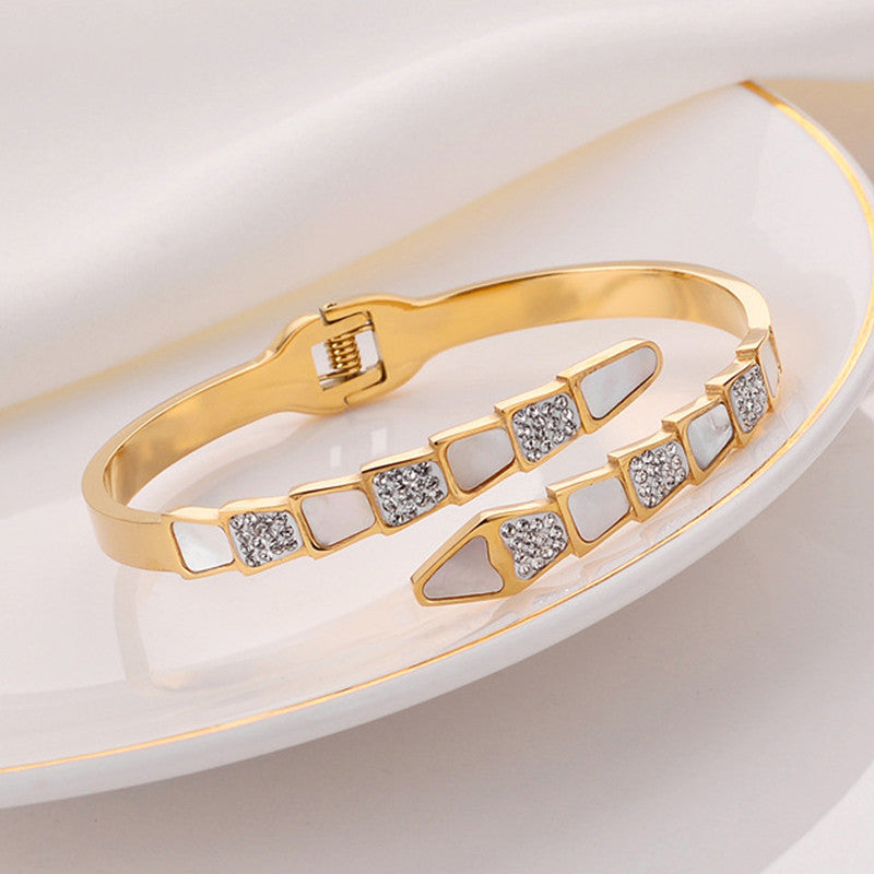 Jewels Galaxy Stainless Steel Mother of Pearl Snake Styled AD Studded Anti-Tarnish Bracelet