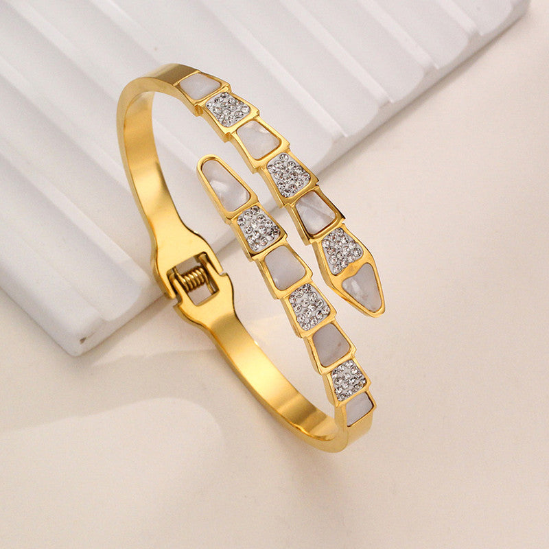 Jewels Galaxy Stainless Steel Mother of Pearl Snake Styled AD Studded Anti-Tarnish Bracelet