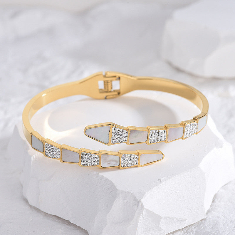 Jewels Galaxy Stainless Steel Mother of Pearl Snake Styled AD Studded Anti-Tarnish Bracelet