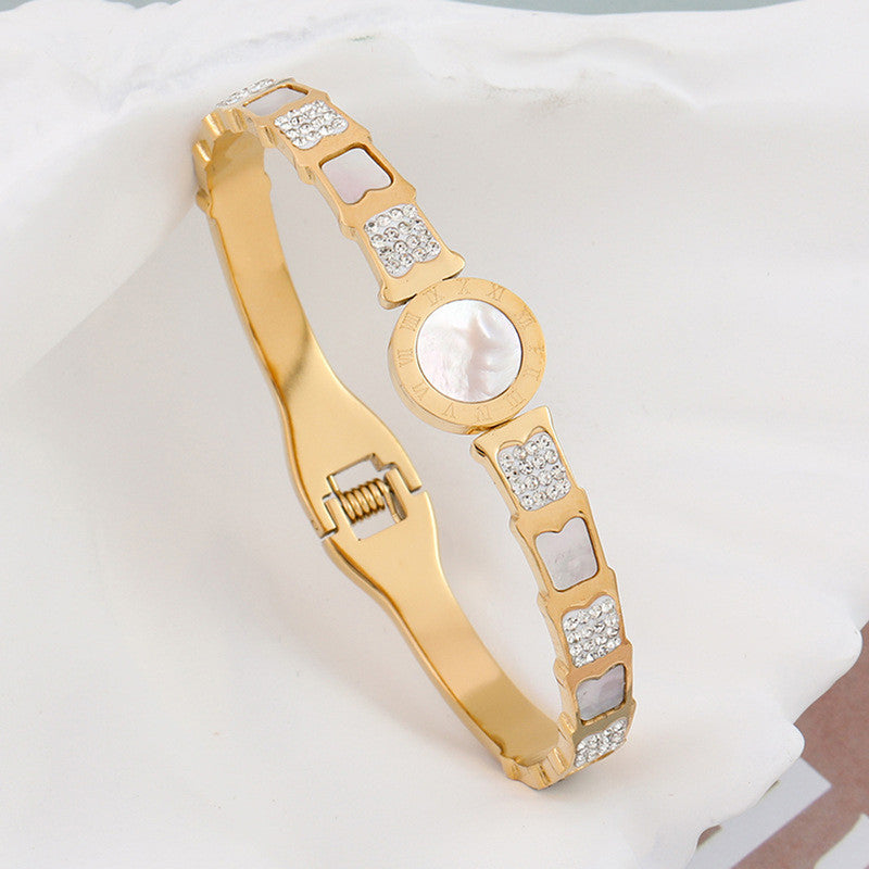 Jewels Galaxy Stainless Steel Mother Of Pearl Roman Numerals AD Studded Bracelet