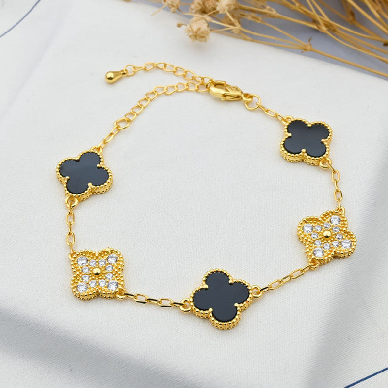 Jewels Galaxy Stainless Steel Gold-Plated Multicolor AD studded Clover Link Bracelet For Women