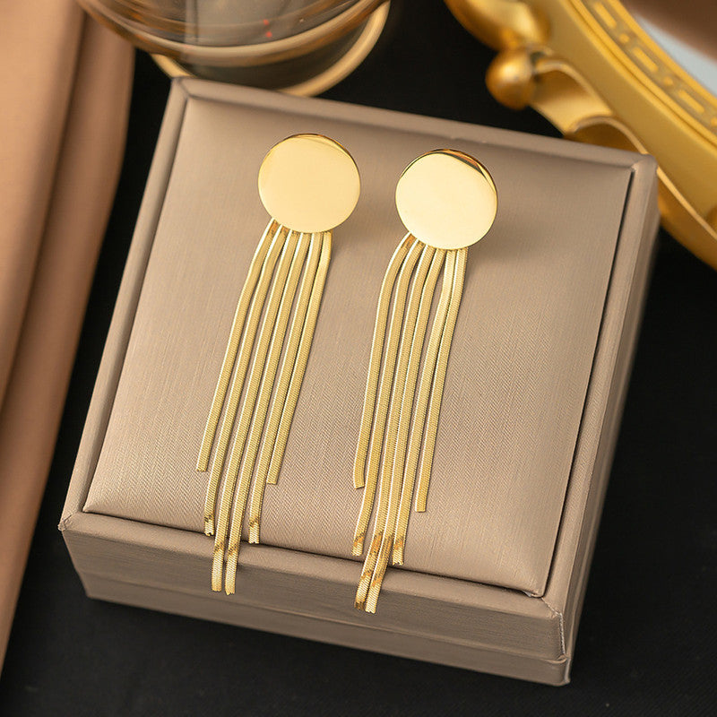 Jewels Galaxy Gold Plated Stainless Steel Anti Tarnish Geometric Statement Tassel Earrings