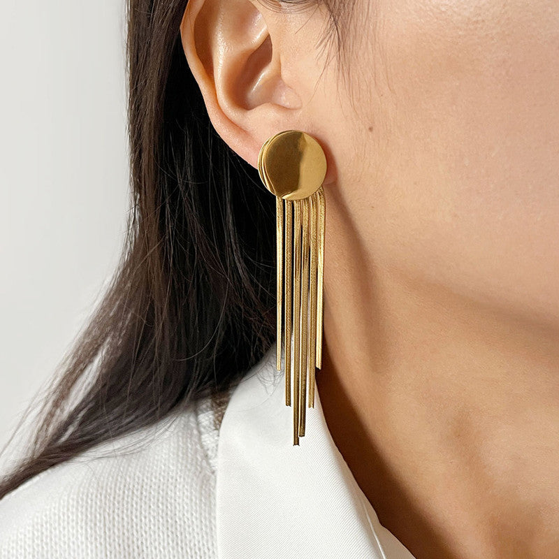 Jewels Galaxy Gold Plated Stainless Steel Anti Tarnish Geometric Statement Tassel Earrings