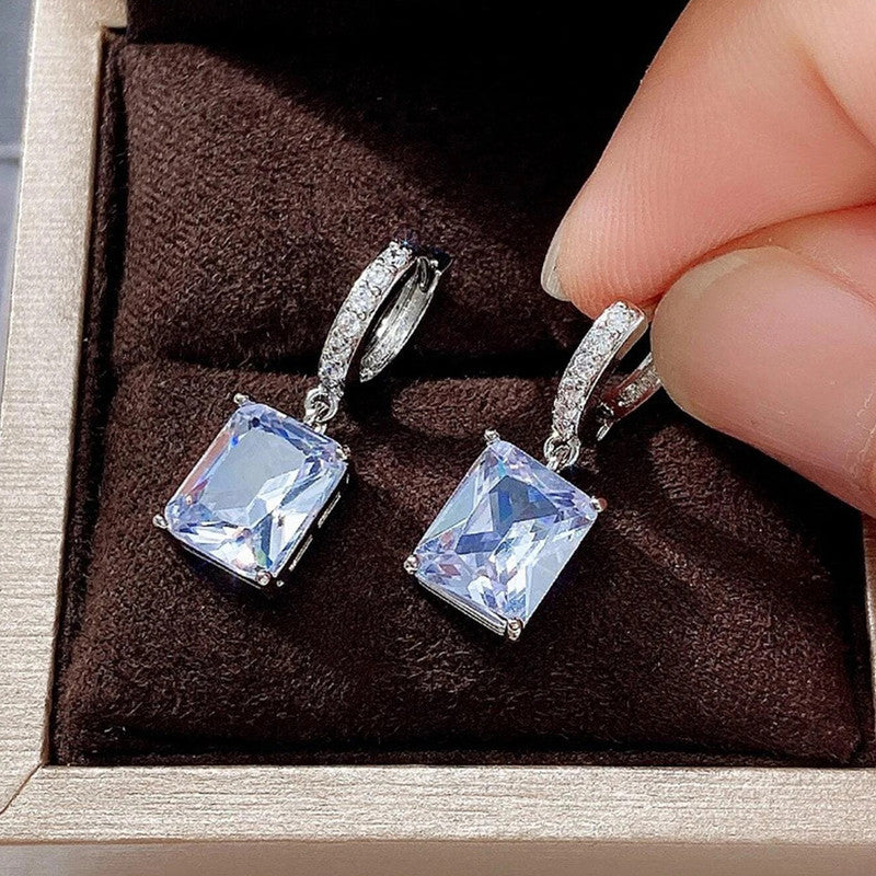 Jewels Galaxy Silver Plated Rectangular American Diamond Studded Crushed Ice Cut Drop Earrings