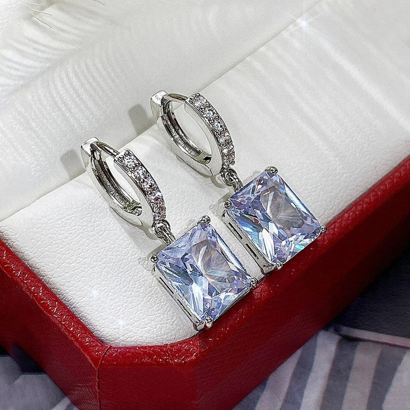 Jewels Galaxy Silver Plated Rectangular American Diamond Studded Crushed Ice Cut Drop Earrings