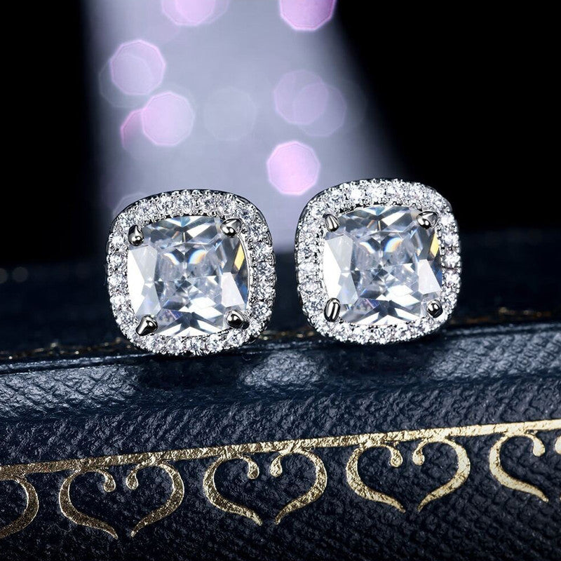 Jewels Galaxy Silver Plated American Diamond Studded Square Crushed Ice Cut Stud Earrings