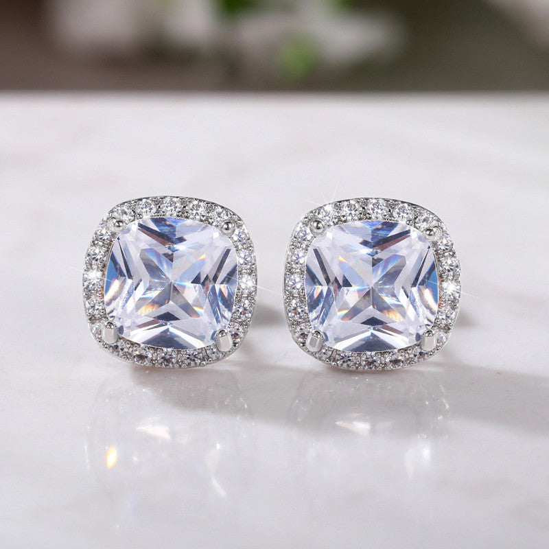 Jewels Galaxy Silver Plated American Diamond Studded Square Crushed Ice Cut Stud Earrings