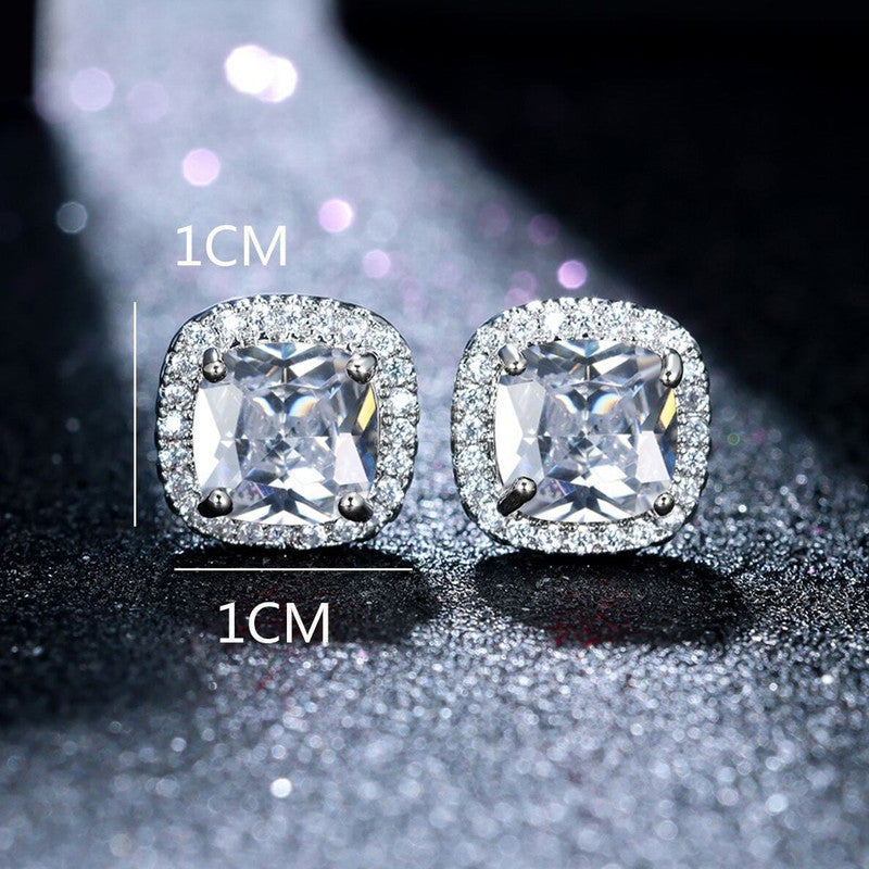 Jewels Galaxy Silver Plated American Diamond Studded Square Crushed Ice Cut Stud Earrings