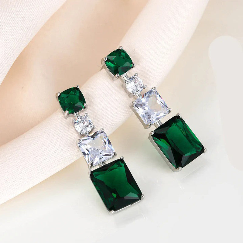 Jewels Galaxy Silver Plated American Diamond Studded Geometrical Crushed Ice Cut Drop Earrings