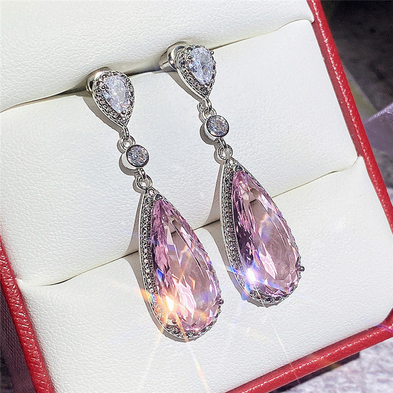 Jewels Galaxy Silver Plated American Diamond Studded Pink Teardop Shape Ice Cut Drop Earrings