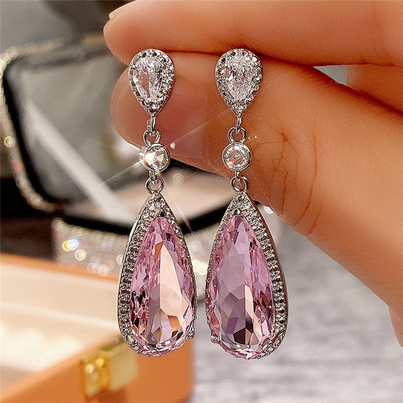 Jewels Galaxy Silver Plated American Diamond Studded Pink Teardop Shape Ice Cut Drop Earrings