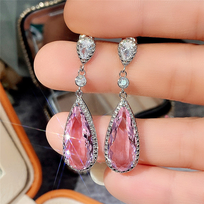 Jewels Galaxy Silver Plated American Diamond Studded Pink Teardop Shape Ice Cut Drop Earrings