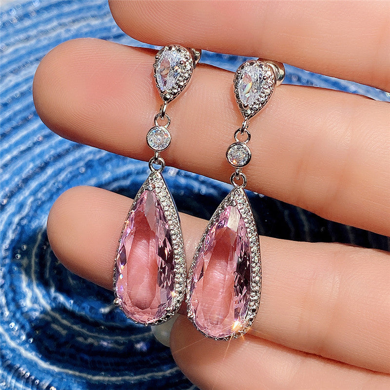 Jewels Galaxy Silver Plated American Diamond Studded Pink Teardop Shape Ice Cut Drop Earrings