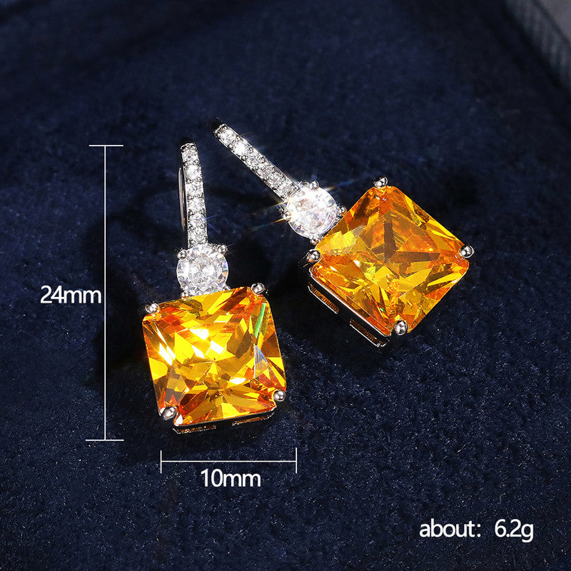 Jewels Galaxy Silver Plated AD Studded Yellow Square Shape Crushed Ice Cut Hanging Earrings