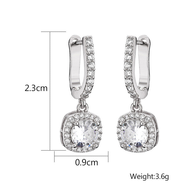 Jewels Galaxy Silver Plated American Diamond Studded Rectangular Crushed Ice Cut Drop Earrings