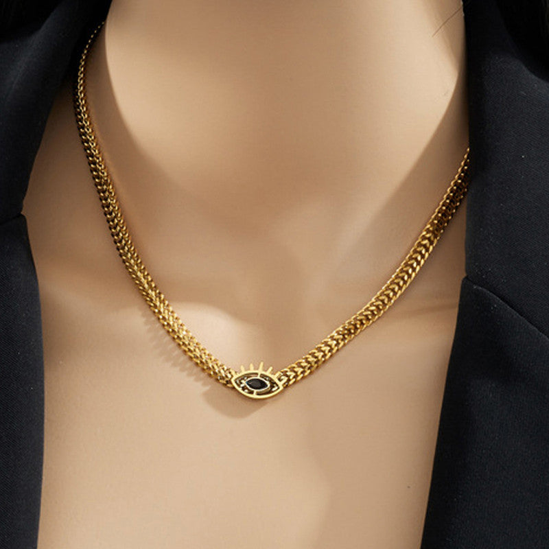 Jewels Galaxy Gold Plated Stainless Steel Anti Tarnish Evil Eye themed Black CZ Necklace For Women