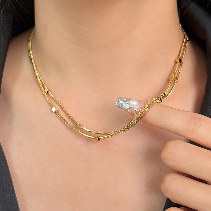 Jewels Galaxy Gold Plated Stainless Steel Anti-Tarnish Geometric Dual Strand Necklace