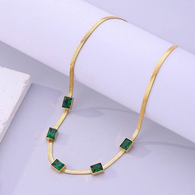 Jewels Galaxy Gold Plated Stainless Steel Anti Tarnish Snake Chain Green Emerald Studded Necklace