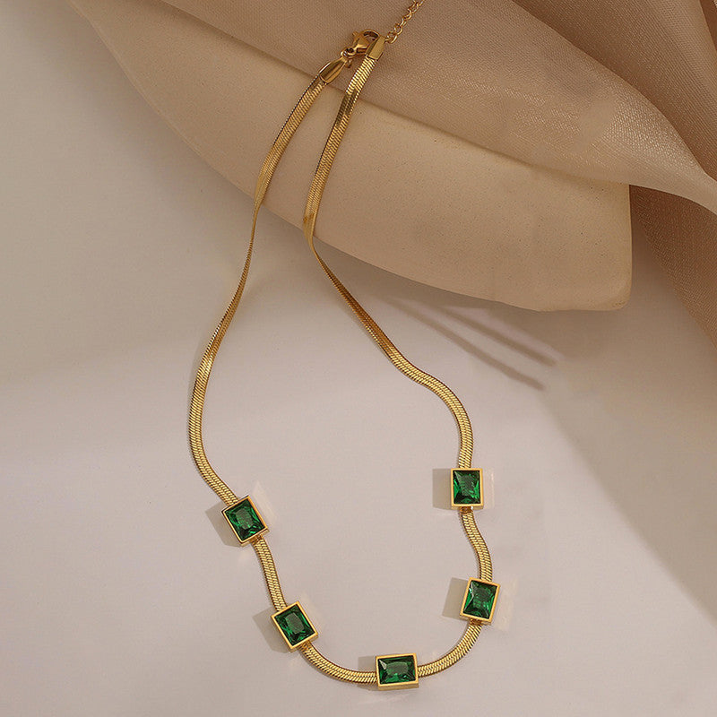Jewels Galaxy Gold Plated Stainless Steel Anti Tarnish Snake Chain Green Emerald Studded Necklace