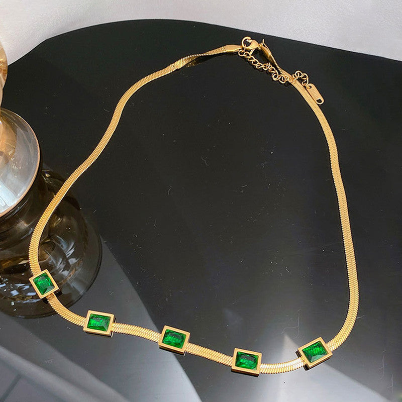 Jewels Galaxy Gold Plated Stainless Steel Anti Tarnish Snake Chain Green Emerald Studded Necklace
