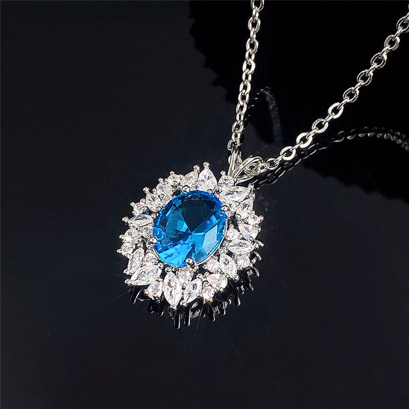 Jewels Galaxy Silver Plated American Diamond Studded Blue Oval Shape Contemporary Pendant