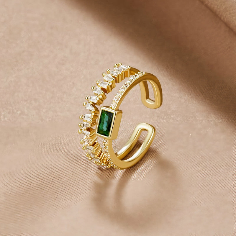 Jewels Galaxy Gold Plated Stainless Steel Anti Tarnish Green Emerald Studded Adjustable Finger Ring