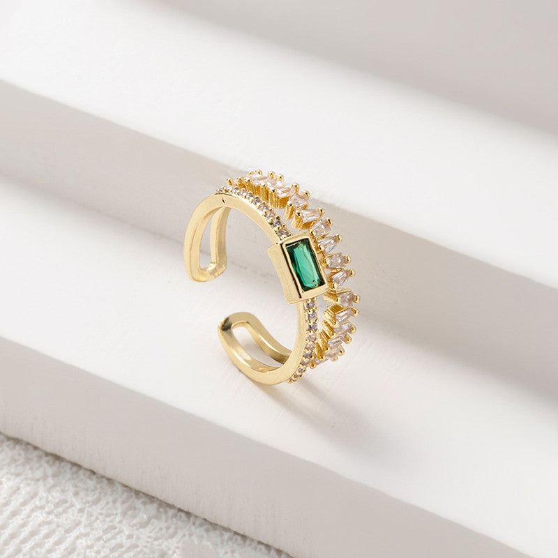 Jewels Galaxy Gold Plated Stainless Steel Anti Tarnish Green Emerald Studded Adjustable Finger Ring