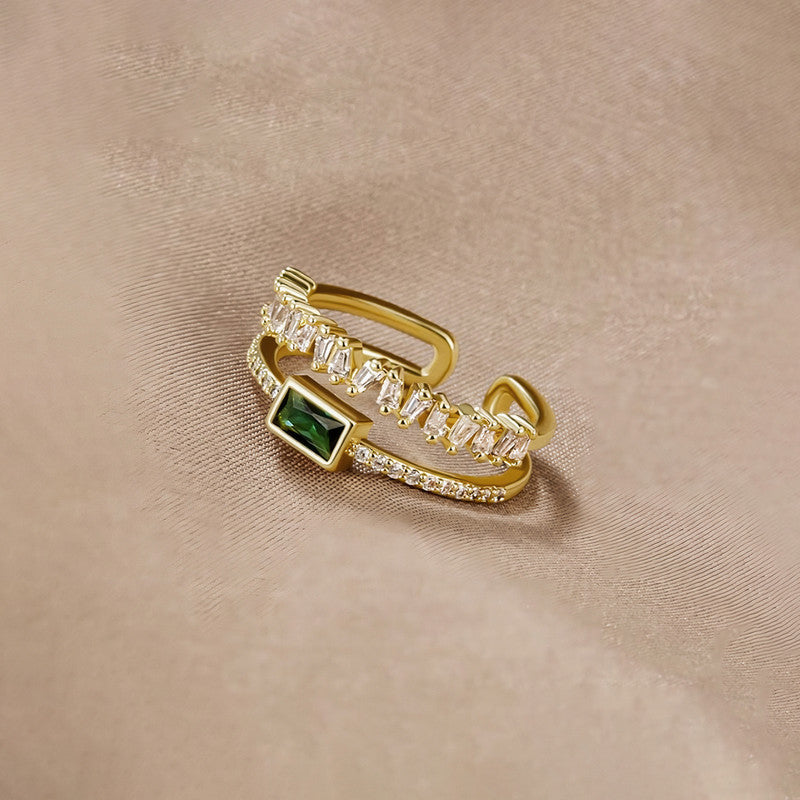 Jewels Galaxy Gold Plated Stainless Steel Anti Tarnish Green Emerald Studded Adjustable Finger Ring