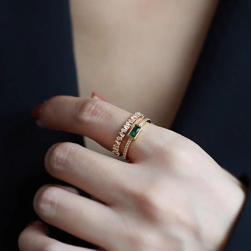 Jewels Galaxy Gold Plated Stainless Steel Anti Tarnish Green Emerald Studded Adjustable Finger Ring