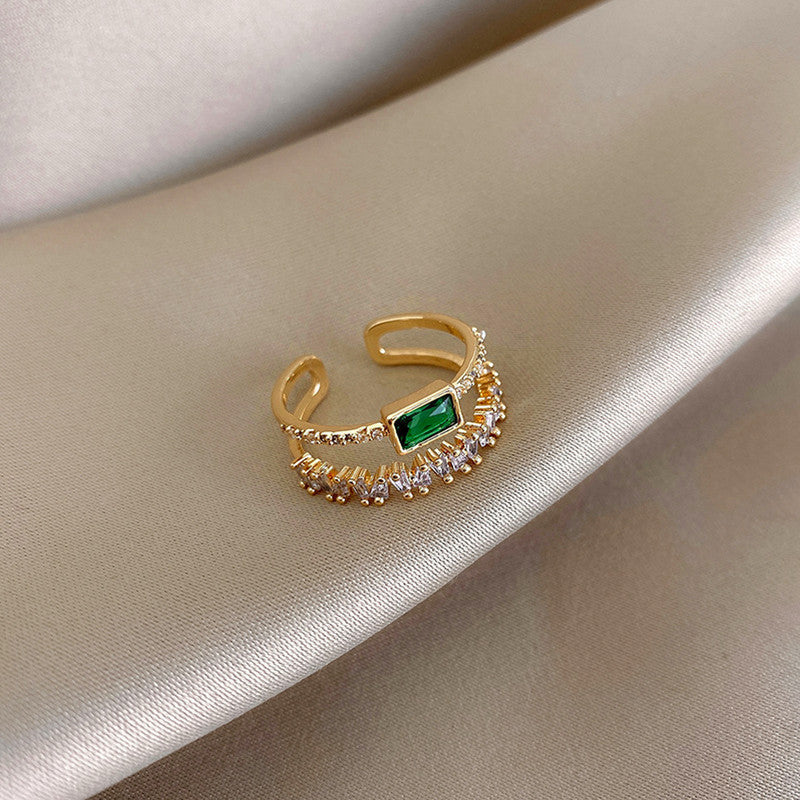 Jewels Galaxy Gold Plated Stainless Steel Anti Tarnish Green Emerald Studded Adjustable Finger Ring