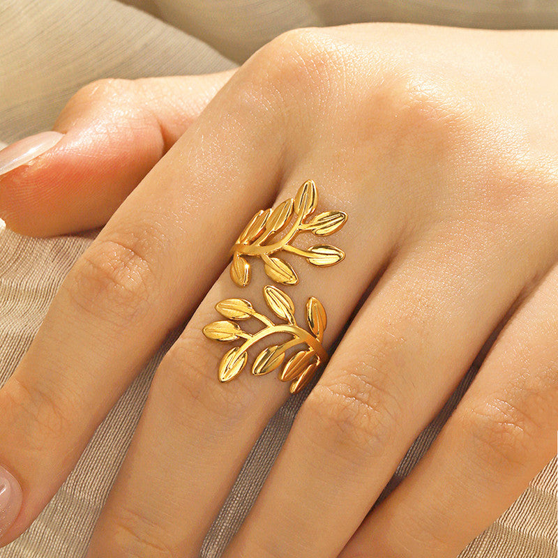 Jewels Galaxy Gold Plated Anti Tarnish Stainless Steel Leaf Themed Adjustable Finger Ring