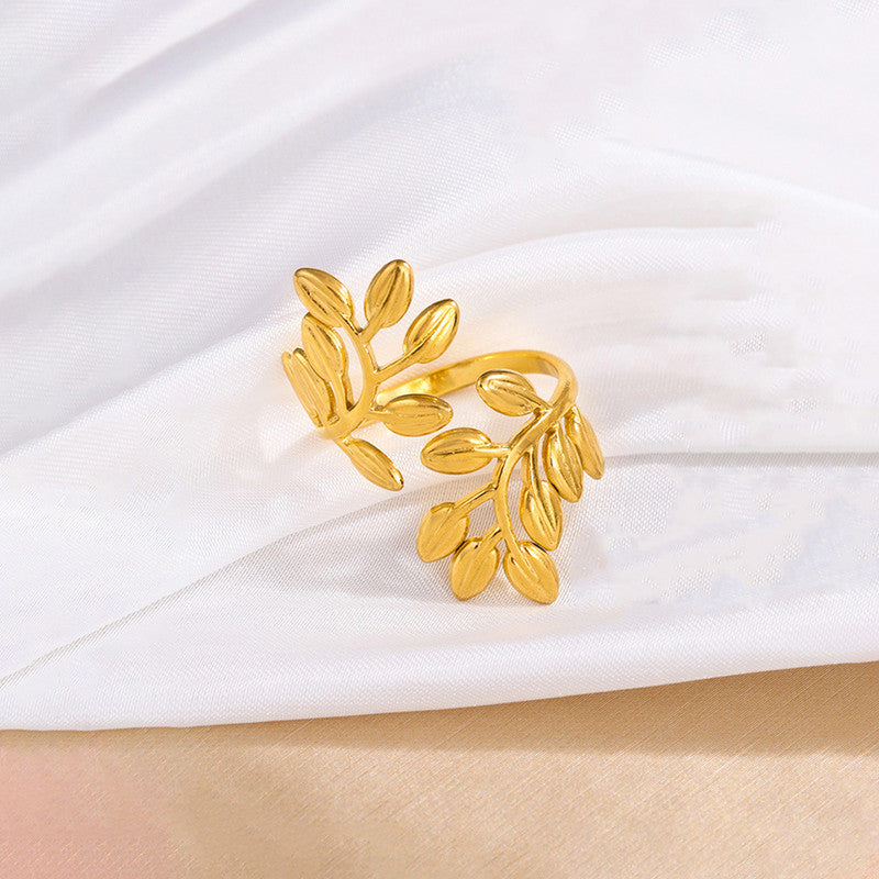 Jewels Galaxy Gold Plated Anti Tarnish Stainless Steel Leaf Themed Adjustable Finger Ring