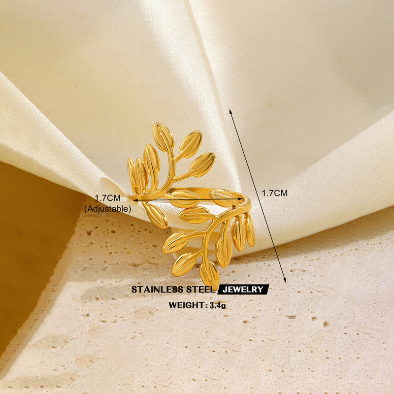 Jewels Galaxy Gold Plated Anti Tarnish Stainless Steel Leaf Themed Adjustable Finger Ring