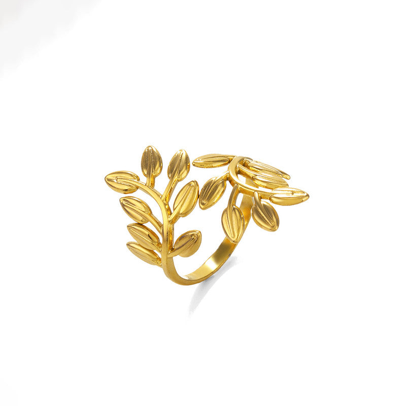Jewels Galaxy Gold Plated Anti Tarnish Stainless Steel Leaf Themed Adjustable Finger Ring